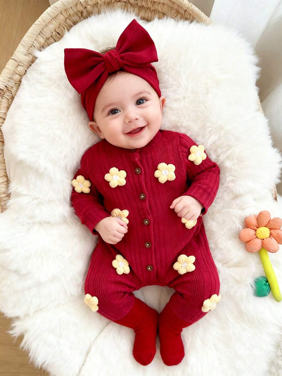 1pc Infant Girls' Solid Color Jumpsuit, Soft Fleece Stand Collar Long Sleeve Jumpsuit With 3D Floral Decor, Elegant Pastoral, Cute Casual Style, Suitable For Autumn/Winter Outdoor Play, Vacation And Daily Wear, Red Baby Jumpsuit