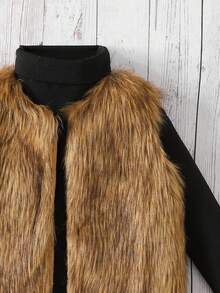 SHEIN Young Girl Furry Open Front Fuzzy Coat Sleeveless Vest - Rust Brown - View 3