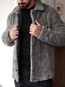 Manfinity Homme 男士休闲纯色毛绒长袖外套，适合秋冬季节穿着，法兰绒材质，冬季男士夹克，男士针织纽扣羊毛夹克，衬衫式外套，男士皮草大衣 - 深灰色 - 查看 3