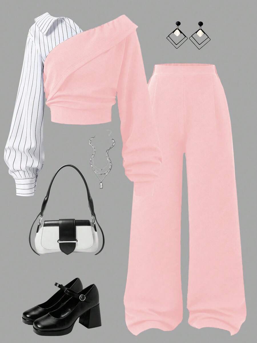 SHEIN Sparklyn 2pcs/Set Teen Girls Fashion Elegant Commuter Outfit, Solid Color Striped Blouse + Loose Wide Leg Pants Set - Pink - View 1
