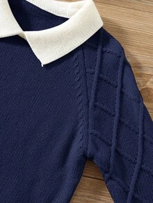 SHEIN Young Boys' Khaki Textured Casual Comfortable Versatile Contrast Color Collar Thick Sweater, Back To School, Autumn/Winter - Navy Blue - View 4