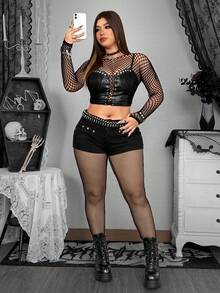 SHEIN Whyspr Quần legging lưới kiểu Gothic tối màu gợi cảm cỡ lớn - màu đen - Xem 5