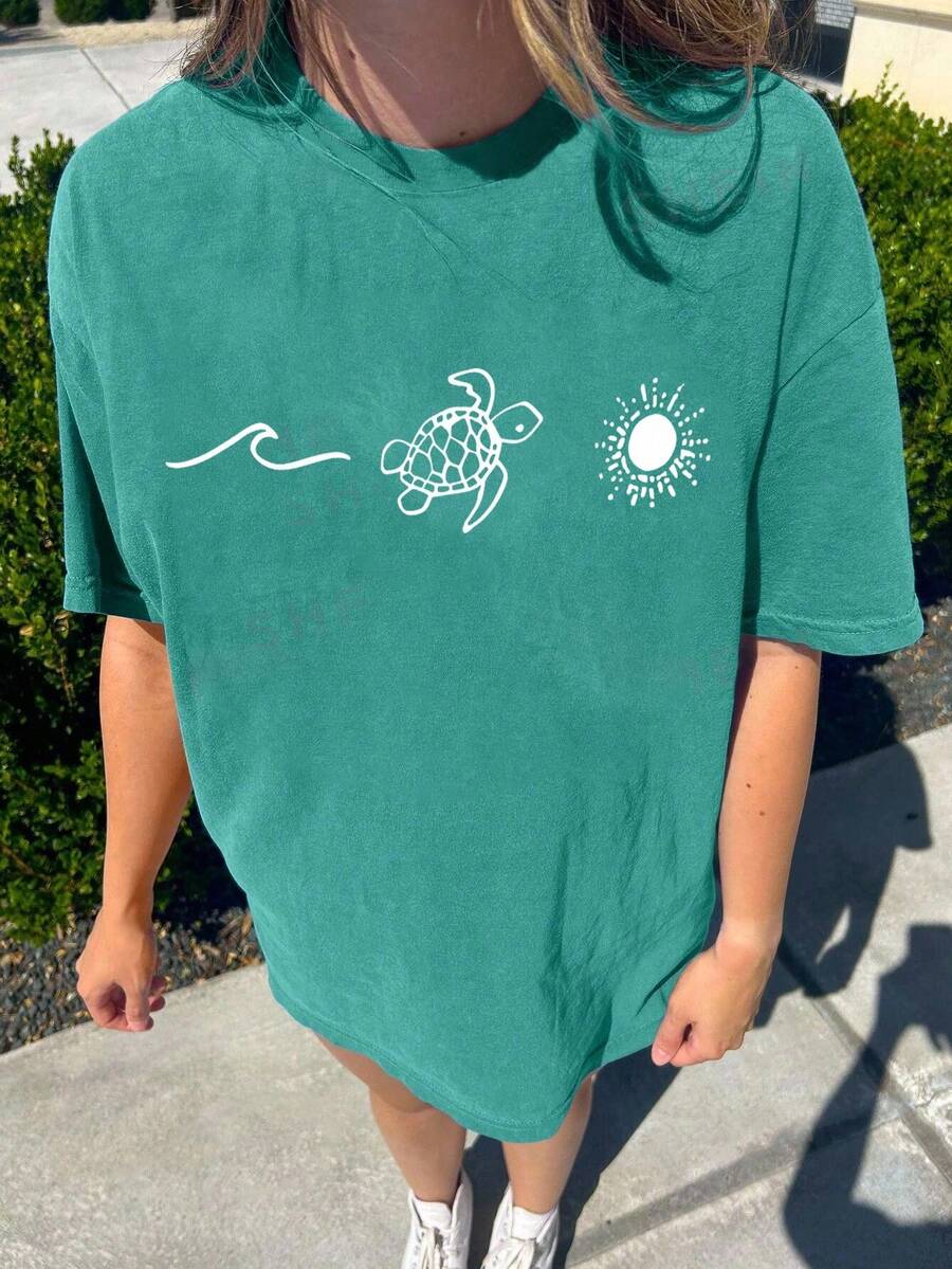 SHEIN LUNE Große Größen Lässig Minimalist T-Shirt mit Schildkrötendruck, Sommer - Grün - Übersicht 1