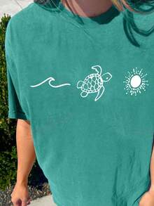 SHEIN LUNE Große Größen Lässig Minimalist T-Shirt mit Schildkrötendruck, Sommer - Grün - Übersicht 4