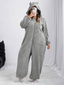 SHEIN CURVE+ 女士新款毛绒连体裤，适合家居服/秋冬 - 灰色 - 查看 6