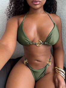 Alexandranx 女士纯色时尚性感比基尼套装夏季 - 軍綠色 - 查看 3