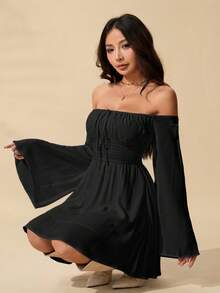 SHEIN PETITE Romantic Off Shoulder Flounce Sleeve Waist Dress - Black - View 6