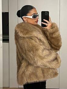 SHEIN ICON Short Solid Color Fashionable Winter Versatile Oversized Lapel Open Front Faux Fur Coat,Fall, Winter - Khaki - View 5