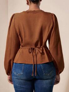 EMERY ROSE Plus Size Women's Solid Color Linen-Like Lace Patchwork Long Sleeve Round Neck Ruffle Retro Elegant Casual Blouse