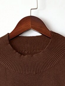 Linhara Conjunto de suéter de punto casual de ajuste holgado con cuello redondo de unicolor talla grande - Café integral - Ver 4