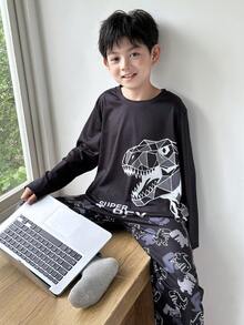 SHEIN 2 件套青少年男孩恐龙图案圆领长袖上衣和睡裤套装，柔软舒适的睡衣，秋冬 - 黑色 - 查看 5