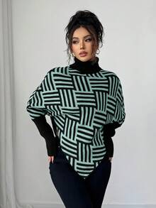 Elenzga Women's Elegant High Neck Geometric Textured Poncho Sweater, Colorblock, Suitable For Home & Travel, Spring/Autumn - Blue - View 4