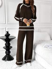 SHEIN LUNE 2pcs Women Casual Loose Contrast Color Sweater Set - Coffee Brown - View 6