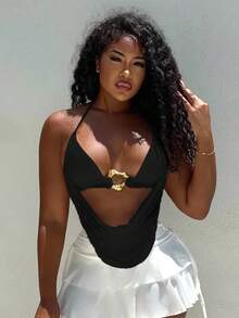 Alexandranx Tops de verão femininos sensuais, boêmios, de praia, férias, concerto, femininos, com decote halter, gravata, decoração de metal, crochê, verão, clube, top sexy - Preto - Ver 5