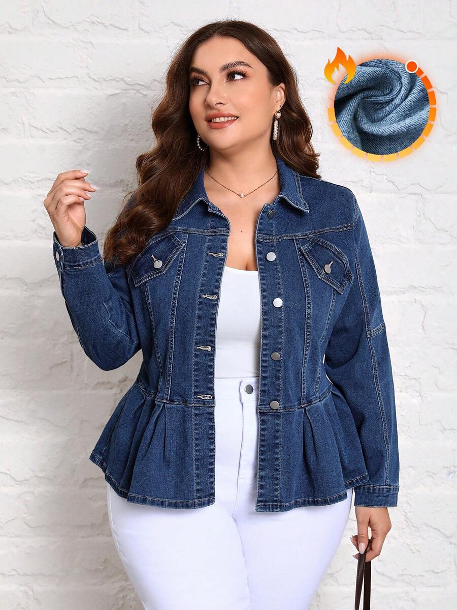 EMERY ROSE Plus Size Solid Color Casual Long Sleeve Warm Denim Jacket - Dark Wash - View 1