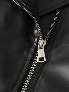 SHEIN Sparklyn 青少年女孩纯色翻领长袖拉链休闲 PU 皮革机车夹克 - 黑色 - 查看 5