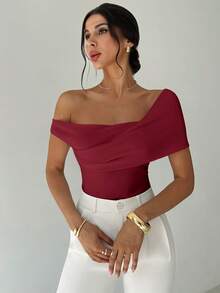 Firerie Women's Elegant Minimalist Chic Fashion Sexy Daily Commute Music Festival Vacation Asymmetric Neck Draped Cropped White Top, Spring/Summer,Red Tops For Women - Burgundy - View 5