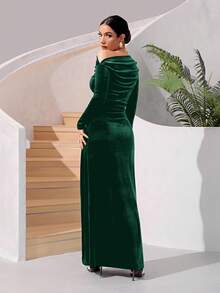 SHEIN Belle Đầm dài tay xẻ tà cao cổ lệch màu trơn - Màu xanh lá cây đậm - Xem 2