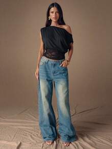 SHEIN BAE Women's Fashionable Black Knit Lace Patchwork Oblique Shoulder Top, Summer Tops,Going Out Top,Elegant Top,Vacation Top,Black Top,Casual Blouses For Women - Black - View 3