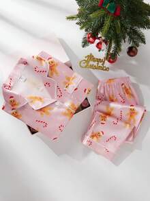 2pcs/Set Cute & Sweet Gingerbread Print Long Sleeve Cardigan And Pants, Comfortable Casual Loungewear For Tween Girls Girls Christmas Pajamas Kids Christmas Pajamas Fall Winter - Pink - View 4