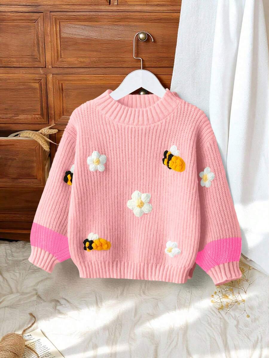 SHEIN Vintaside Kids 1 件柔软、亲肤、耐用、抗起球可爱 3D 蜜蜂和花朵装饰鲜艳可爱的黄色圆领毛衣,撞色黄色袖子设计,轻盈的秋冬女童毛衣,适合日常、休闲、学校、购物场合 - 粉色 - 查看 1