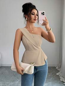 Elenzga Camiseta sin mangas de unicolor con bajo asimétrico para uso diario en verano - Caqui - Ver 6