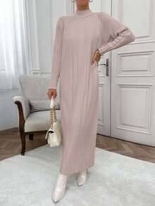 EURMUSE Women High Neck Drop Shoulder Cool Cozy Long Maxi Sweater Dress - Rusty Rose - View 4