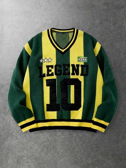 Street Life Pull ample à col V, manches longues, avec motif de lettre et rayures, style décontracté, pour l'automne/hiver