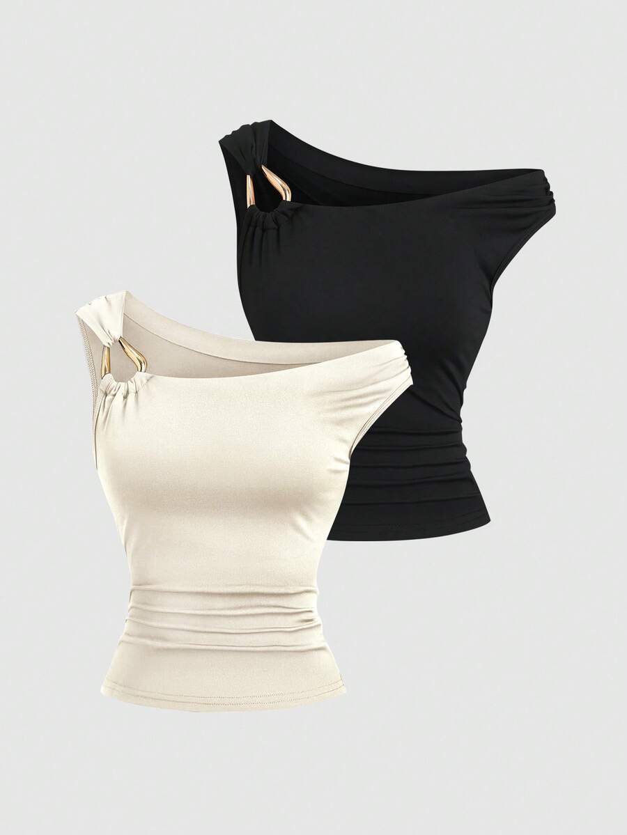 Sweetra Women's Solid Color Metal Decor Ruched Asymmetric Fitted Fashion Tank Top - Multicolor - View 1