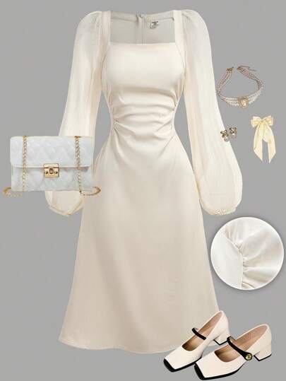 Girlism 少女法式领口灯笼袖腰部荷叶边长袖派对生日正式场合连衣裙，秋季