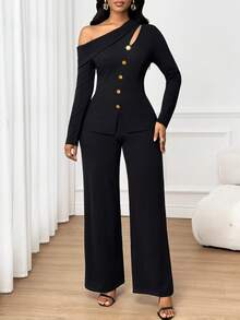 SHEIN Lady 女士时尚休闲纯色斜肩上衣和裤子两件套 - 黑色 - 查看 9