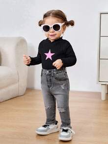 Niedliche graue Jeans für Mädchen mit Rissen und elastischem Bund, Herbst- und Winterkleidung, lässige und modische Urlaubsoutfits, Streetwear, 2000er-Jahre-Stil, Halloween-Jeans, Weihnachtsjeans - Dunkelgrau - Übersicht 6