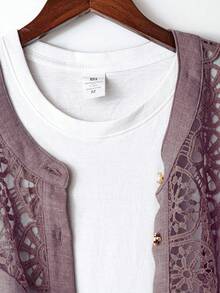 SHEIN LUNE Bộ đồ thu 2 món quần vải lanh pha ren cổ tròn cài nút thoải mái thường ngày cỡ lớn cho nữ + quần cạp chun co giãn - Màu tím hoa cà - Xem 5