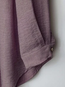 SHEIN LUNE Bộ đồ thu 2 món quần vải lanh pha ren cổ tròn cài nút thoải mái thường ngày cỡ lớn cho nữ + quần cạp chun co giãn - Màu tím hoa cà - Xem 6