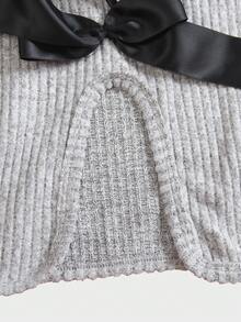 2 Pieces Girl's Elegant Rib-Knit Set,Grey Autumn Cute School Back-To-School,Detachable Black Bow,Long Sleeve Top & Flared Pants Warm Knitted Outfit - Grey - View 6