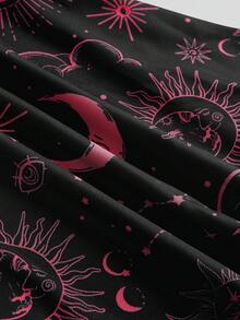 ROMWE Gothic Retro Mysterious Star & Moon Print Off Shoulder Flare Sleeve Mesh Dress - Red - View 4