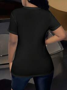 EMERY ROSE Women's Slogan Rhinestone Short Sleeve T-Shirt Hot Diamond Tees Women Tops - Black - View 2