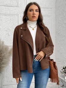 SHEIN LUNE 大码女式翻领长袖拉链休闲棕色万圣节夹克冬季服装 - 鏽棕色 - 查看 10