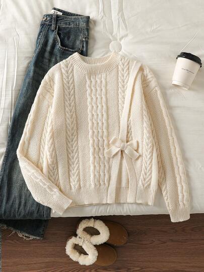 Mädchen Minimalistischer strukturierter modischer süßer Schleife Seitenschlitz Rundhals Grobstrick Langarm Pullover, geeignet für Herbst/Winter