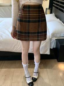 DAZY 格子迷你裙，休闲百搭，适合秋冬女士 - 棕色 - 查看 6