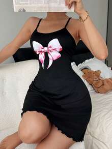 SHEIN 可爱蝴蝶印花吊带睡衣 - 黑色 - 查看 4