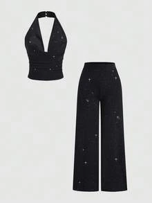 Sweetra Tall 2 件套女士时尚亮片挂脖吊带背心和及踝长裤套装，经典百搭，秋冬 - 黑色 - 查看 1