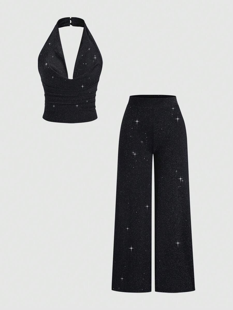 Sweetra Tall 2 件套女士时尚亮片挂脖吊带背心和及踝长裤套装，经典百搭，秋冬 - 黑色 - 查看 1