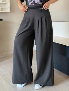 Dazy Plus Color Block Waistband Loose Casual Business Commute Invisible Zipper Straight Leg Long Pants - Dark Grey - View 1