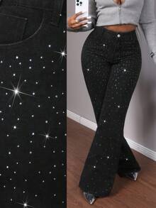 Slaydiva 女士时尚通勤水钻装饰阔腿牛仔裤 - 黑色 - 查看 1