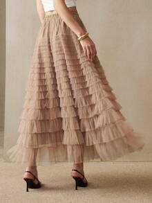 SHEIN LUNE Falda de fiesta elegante de mujer con cintura alta, malla multicapa tipo pastel, color óxido polvoriento otoñal, silueta A con pliegues intensos, elegante para uso diario y desplazamientos - Caqui - Ver 3