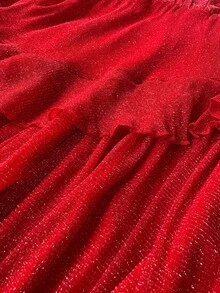 Maweii Đầm xòe tay loe cổ tròn màu trơn cỡ lớn đính sequin viền bèo nhún thanh lịch cho nữ - Đỏ - Xem 6