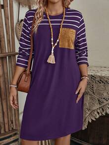 EMERY ROSE Große Größen einfarbiges gestreiftes Patchwork Rundhals Langarm Kleid