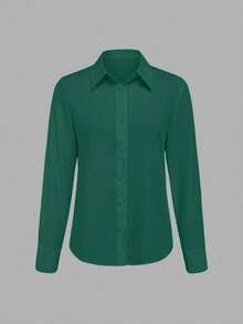 EMERY ROSE Women's Casual Dark Green Woven Fabric Shirt Collar Long Sleeve Button Detail Blouse - Dark Green - View 3