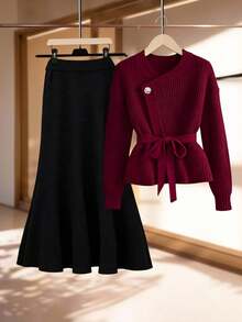 Franclia 欧美新博主风优雅酒红色精致金属扣斜襟腰带可拆卸立体腋下条纹，搭配黑色大A字毛衣裙，女士毛衣两件套，冬季女装，秋季女装，秋季女装，新年新年装扮，感恩节女装，派对婚礼，优雅休闲奢华，圣诞节新年派对，毕业舞会，角色扮演，新年外出上衣，毕业典礼优雅时尚休闲通勤商务办公日常休闲百搭都市教师职业装 - 彩色 - 查看 6